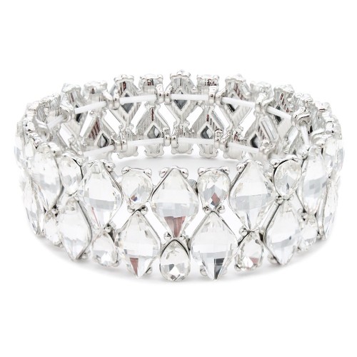 Rhodium Plated With Clear Crystal Stretch Bracelets