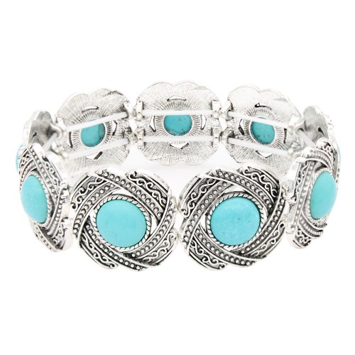 Anti Silver Plated With Turquoise Stretch   Bracelet