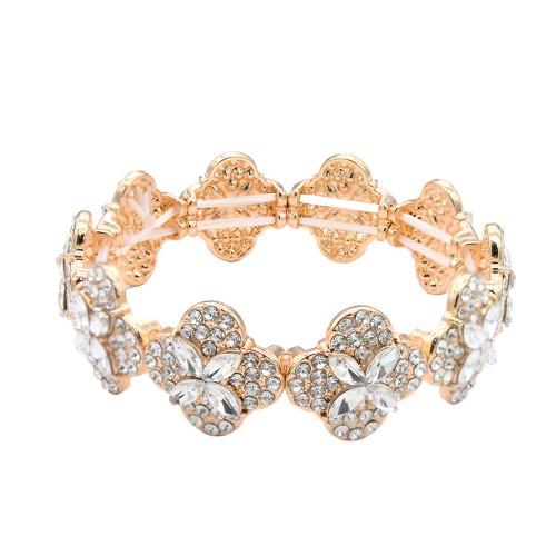 Gold Plated With Clear Crystal Clover Stretch Bracelets