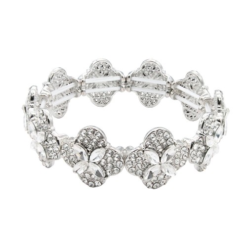 Rhodium Color With Clear Crystal Clover Stretch Bracelets