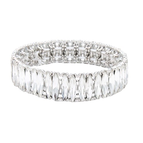 Rhodium Color With Clear Crystal Clover Stretch Bracelets