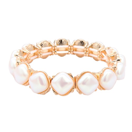 Gold Plated With 11mm Square Pearl Stretch Bracelets