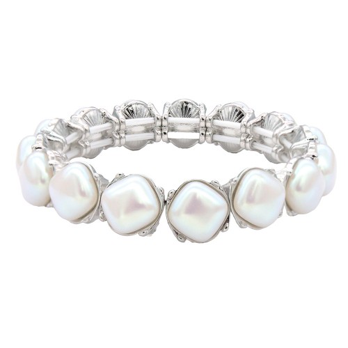 Rhodium Color With 11mm Square Pearl Stretch Bracelets