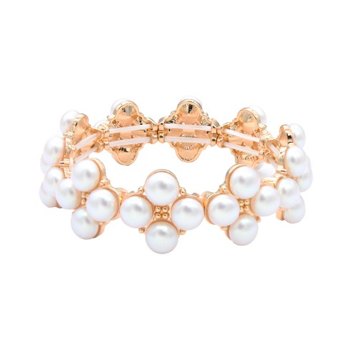 Gold Plated With 7 mm Square Pearl Stretch Bracelets