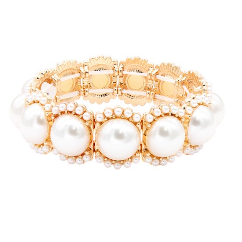 Gold Plated With Main 14mm Square Pearl Stretch Bracelets