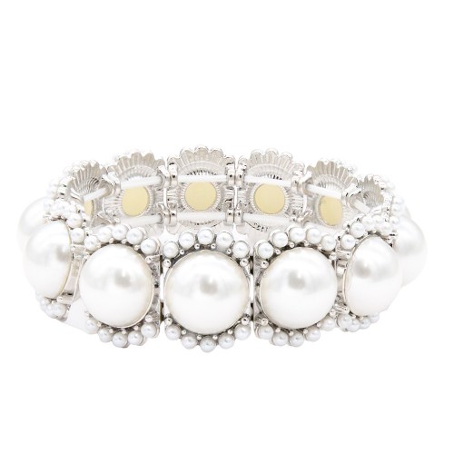 Rhodium Color With Main 14mm Square Pearl Stretch Bracelets