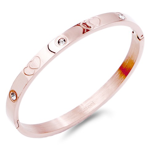 Rose Gold Stainless Steel Crystal Double Hearts Bangle