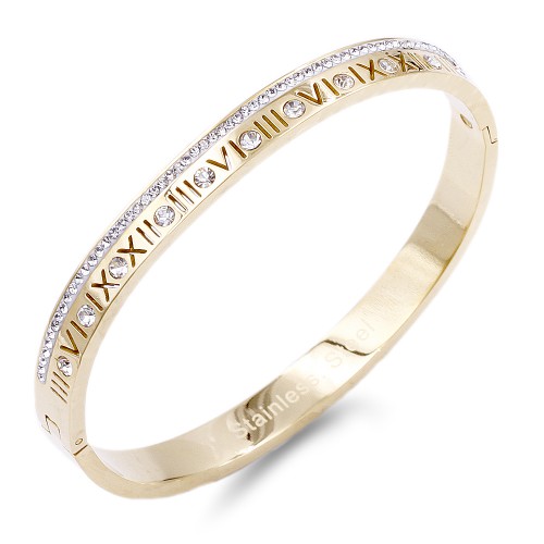 Gold Stainless Steel Crystal &amp; Roman Numerals Bracelet