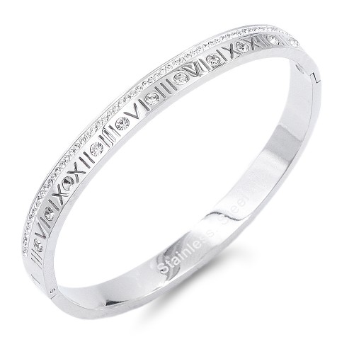 Silver Stainless Steel Crystal &amp; Roman Numerals Bracelet