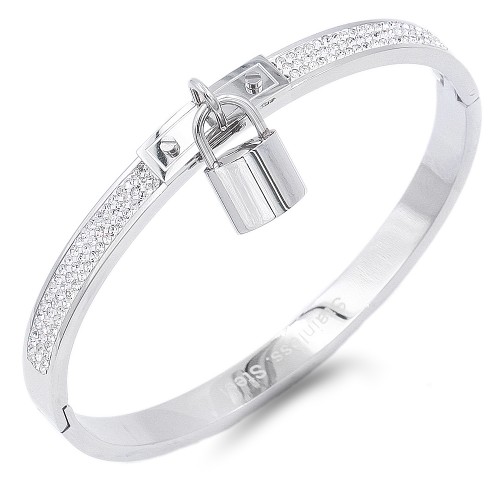 Silver Plated Stainless Steel with Lock Crystal Bangle
