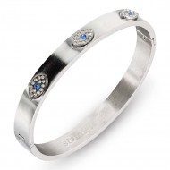 Rhodium Plated Stainless Steel Hinged Bangle with Evil Eye