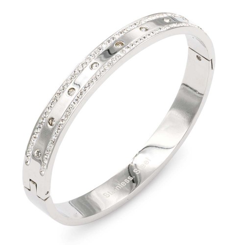 Rhodium Plated Stainless Steel Bangle with CZ