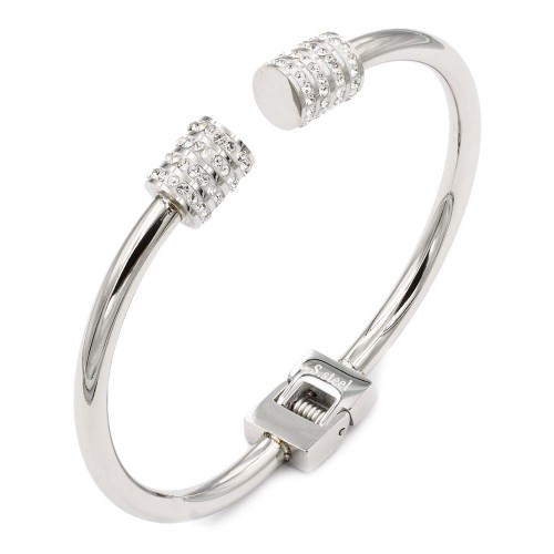 Rhodium Plated Stainless Steel Hinged Bangle with CZ