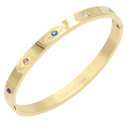 Gold Plated Stainless Steel With Multi Color Stone Bracelet. 6MM Width