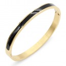 Gold Plated Stainless Steel Black Color Hinged Bangle Bracelets 6mm Width