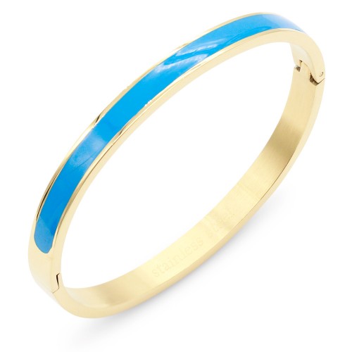 Gold Plated Stainless Steel Blue Color Hinged Bangle Bracelets. 6mm Width