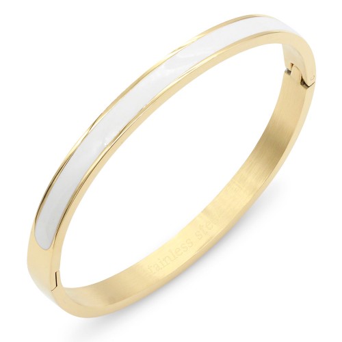 Gold Plated Stainless Steel White Color Hinged Bangle Bracelets 6mm Width