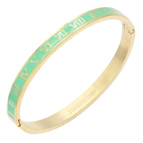 Gold Plated Stainless Steel Turquoise Color Hinged Bangle Bracelets. 6mm Width