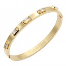 Stainless Steel With Gold Plated Hinged Bangle Bracelets.Clear Stone