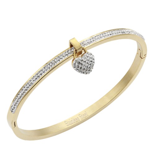Gold Plated Stainless Steel with Heart CZ stone Bangle Bracelet