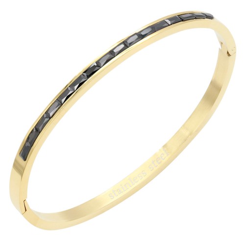 Gold Plated Stainless Steel With Black Color Stone Hinged Bangle Bracelets.