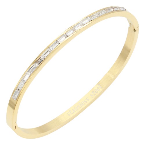 Stainless Steel With Clear Stone Hinged Bangle Bracelets. Gold Color