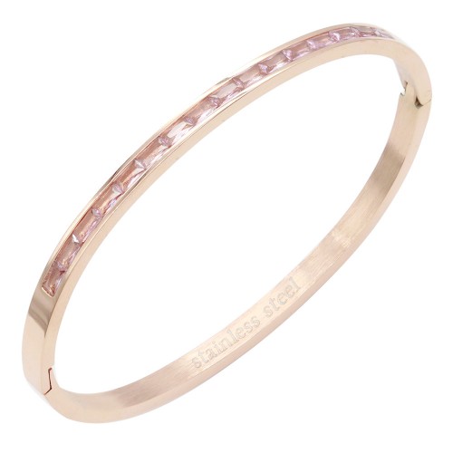 Rose Gold Plated Stainless Steel With Clear Color Stone Hinged Bangle Bracelets.
