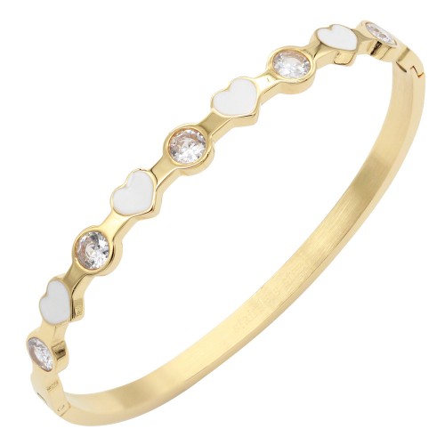 Gold Plated Stainless Steel with White Color Enamel Heart Bracelets