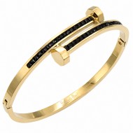 Gold Plated Stainless Steel with Black Color stone Hinged Bangle Bracelets.