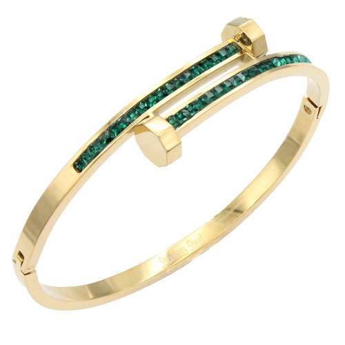 Gold Plated Stainless Steel with Green Color stone Hinged Bangle Bracelets. Gold Plated Stainless Steel with Green Color stone Hinged Bangle Bracelets.