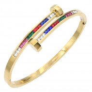 Gold Plated Stainless Steel with Multi Color stone Hinged Bangle Bracelets.