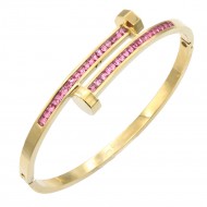 Gold Plated Stainless Steel with Pink Color stone Hinged Bangle Bracelets.