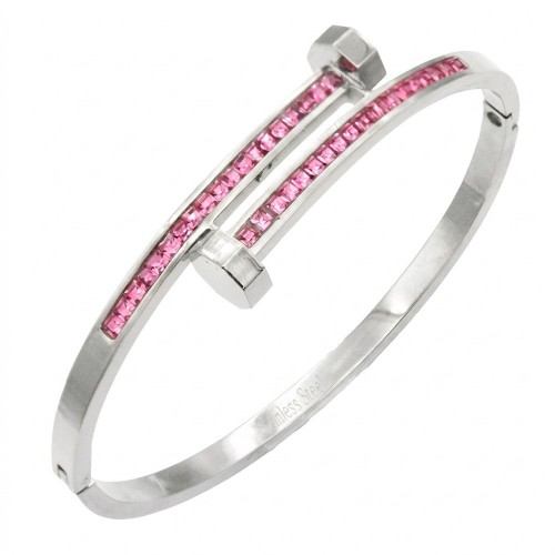 Stainless Steel with Pink Color stone Hinged Bangle Bracelets.