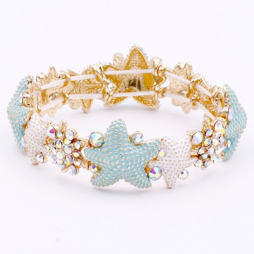 Gold Plated With White and Turqouise  Star Fish and AB Crystal Strertch Bracelets