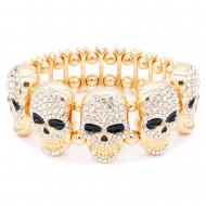 Gold Plated With Clear Crystal Skull Stretch Bracelet