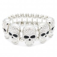 Rhodium Plated With Clear Crystal Skull Stretch Bracelet