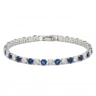 Rhodium Plated With Clear & Blue Sapphire Color Alternate 7" Round CZ 4mm Rhinestone Bracelets