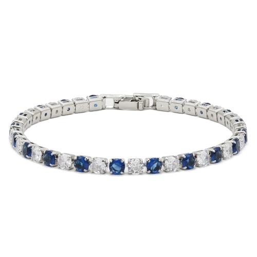 Rhodium Plated With Clear & Blue Sapphire Color Alternate 7" Round CZ 4mm Rhinestone Bracelets
