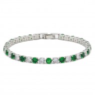 Rhodium Plated With Clear & Green Emerald Color Alternate 7" Round CZ 4mm Rhinestone Bracelets