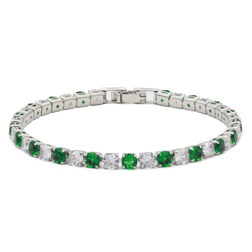 Rhodium Plated With Clear & Green Emerald Color Alternate 7" Round CZ 4mm Rhinestone Bracelets
