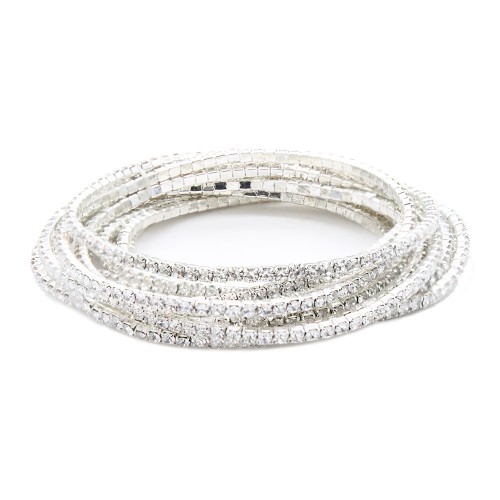 Rhodium Plated With Clear Crystal Bracelet, 12 Strands