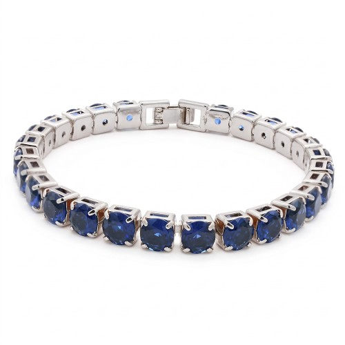 Rhodium Color 6mm Blue Color CZ  7.25" Long Tennis Bracelets