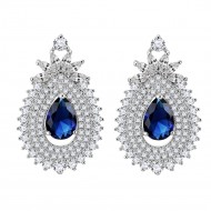 Tear Drop Rhodium Plated with Blue Cubic Zirconia Filigree Earrings