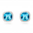 Rhodium Plated with Blue Square Cubic Zirconia Stub Earrings