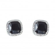 Rhodium Plated with Black Square Cubic Zirconia Stub Earrings