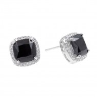 Rhodium Plated with Black Square Cubic Zirconia Stub Earrings