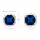 Rhodium Plated with Blue Square Cubic Zirconia Stub Earrings