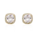 Rhodium Plated Stud Earrings with Square Pink Cubic Zirconia