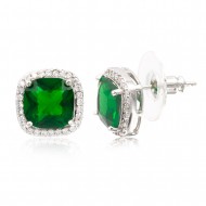Rhodium Plated with Green Square Cubic Zirconia Stub Earrings