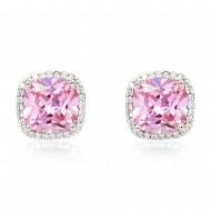 Rhodium Plated Stud Earrings with Square Pink Cubic Zirconia